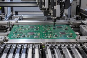 Illustrative PCB panel beneath an automated component placement head