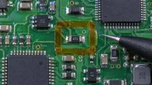 Illustrative magnified PCB repair area bordered by masking tape with adjacent coating retained