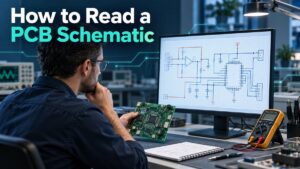 Engineer cross-referencing a PCB schematic, circuit board, and multimeter