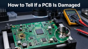 Technician inspecting a PCB for physical and electrical damage