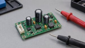Unpowered low-voltage circuit board with electrolytic capacitors and disconnected test probes on a workbench