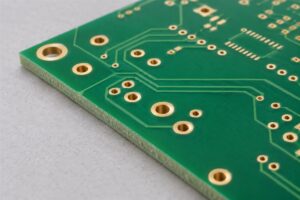 Illustrative bare PCB with plated holes and a visible board edge