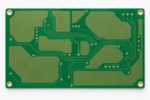 Conceptual PCB illustration with large copper areas and routed clearances