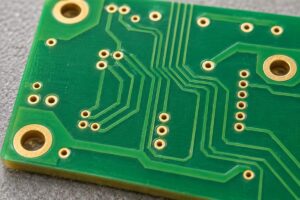 Illustrative bare printed circuit board with plated through holes and copper connections